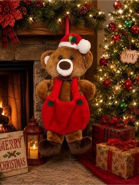 Santa’s Best Plush Teddy Bear Christmas Stocking Holiday Decoration Vintage